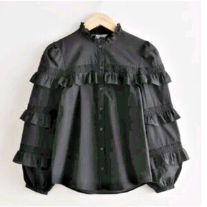 & Other Stories Black Gothic Embroidered Ruffle Collar Puff Sleeve Romantic Top